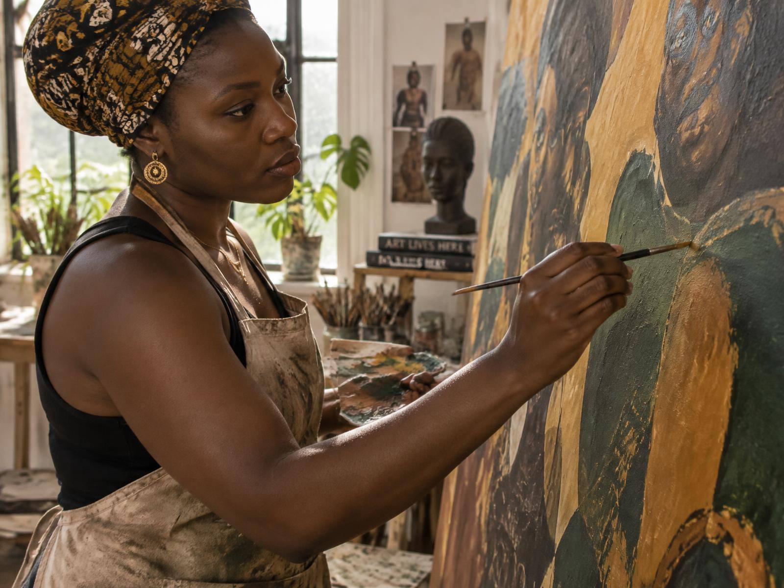 An artist painting a large canvas in her sunlit studio