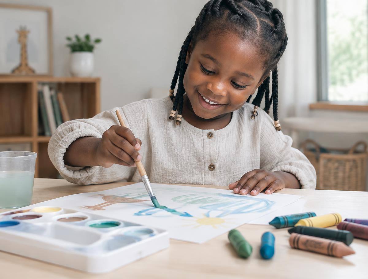 A smiling child painting with watercolours